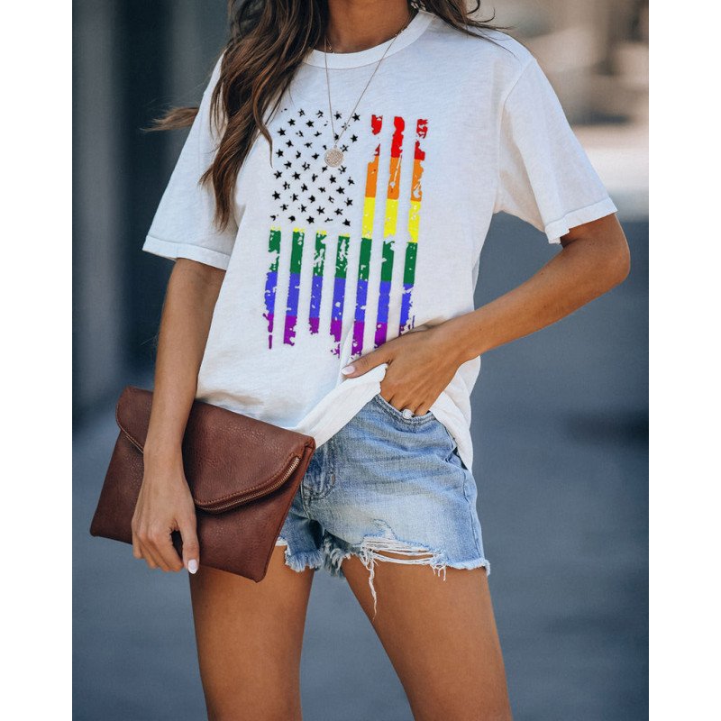 Pride Rainbow American Flag Print LGBT T Shirt Casual Short Sleeve Tops