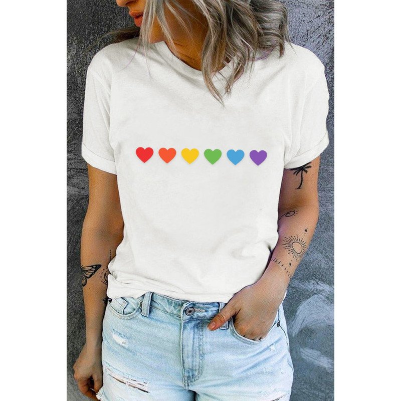 Women Pride Rainbow Color Heart Shapes Graphic Tee Summer Shirts Tops