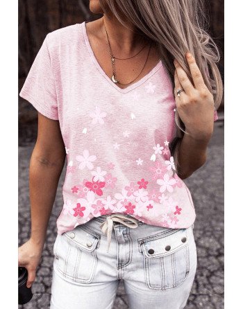 Floral Print V Neck T Shirt for Women Short Sleeve Tee Tops