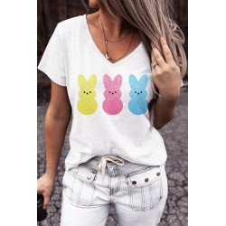 V Neck Easter Rabbit Print T Shirt Short Sleeve Top for Women