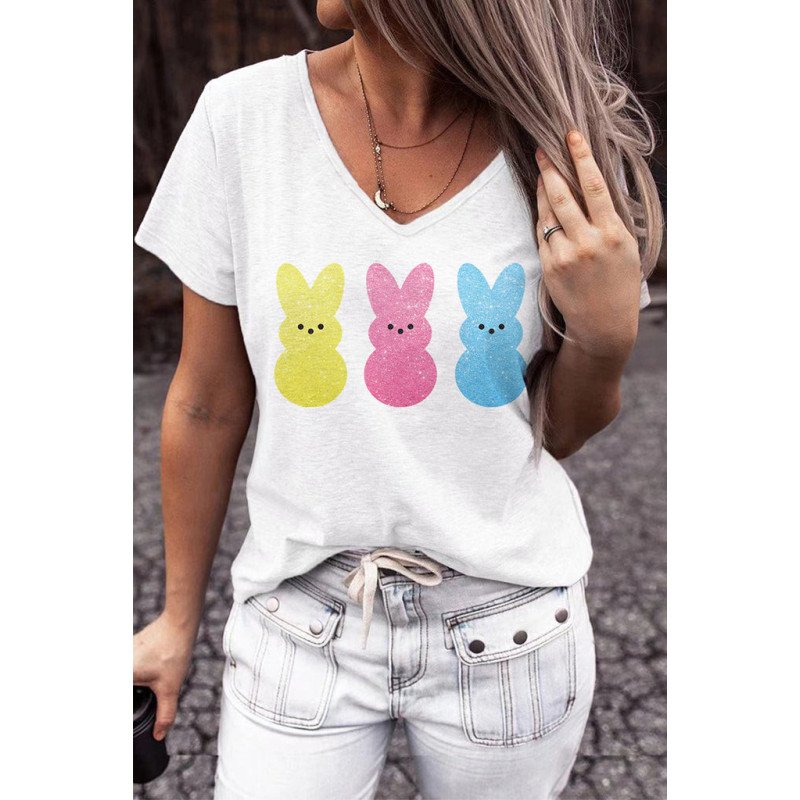 V Neck Easter Rabbit Print T Shirt Short Sleeve Top for Women