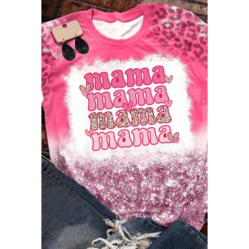 Women's Cute Short Sleeve Top Mama Leopard Bleach Dye Print Crewneck Pullover T Shirt