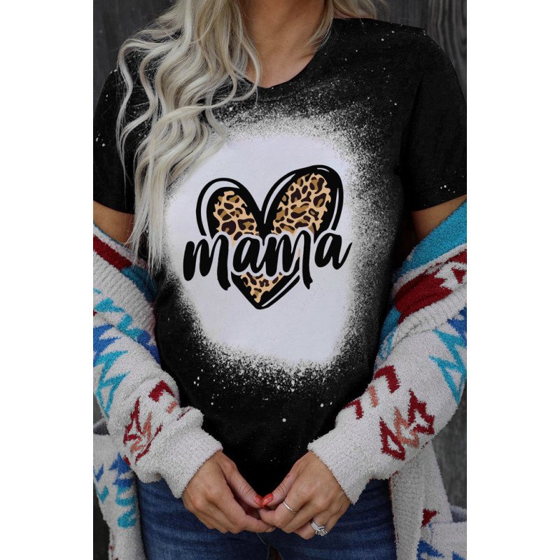 Mama Shirts Womens Leopard Bleached Letter Print Tops Short Sleeve Shirt Tops