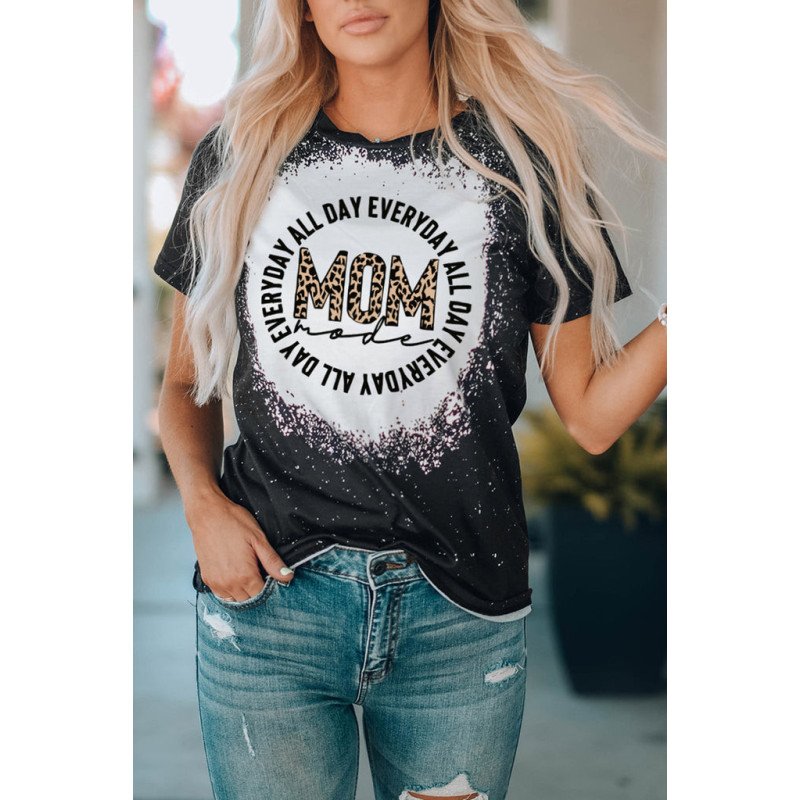 Mama Vintage Bleached T-Shirt Women Mom Leopard Short Sleeve Graphic Tee