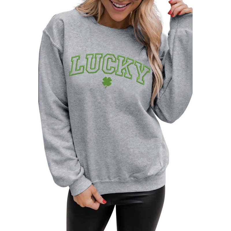 Women's St. Patrick's Day Green LUCKY Clover Embroidered Pullover Sweatshirt