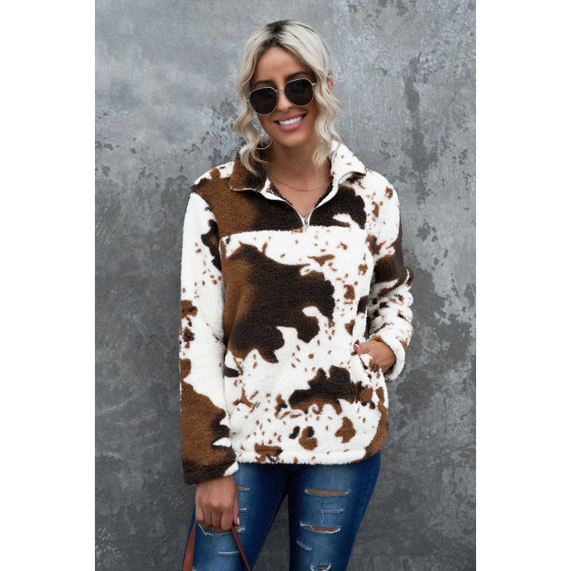 Zip Collar Cow Print Fleece Sweatshirt