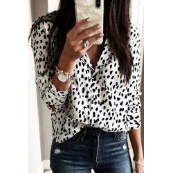 Print Turn-Down Collar Long Sleeve Blouse