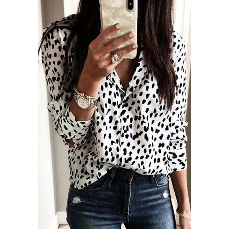 Print Turn-Down Collar Long Sleeve Blouse