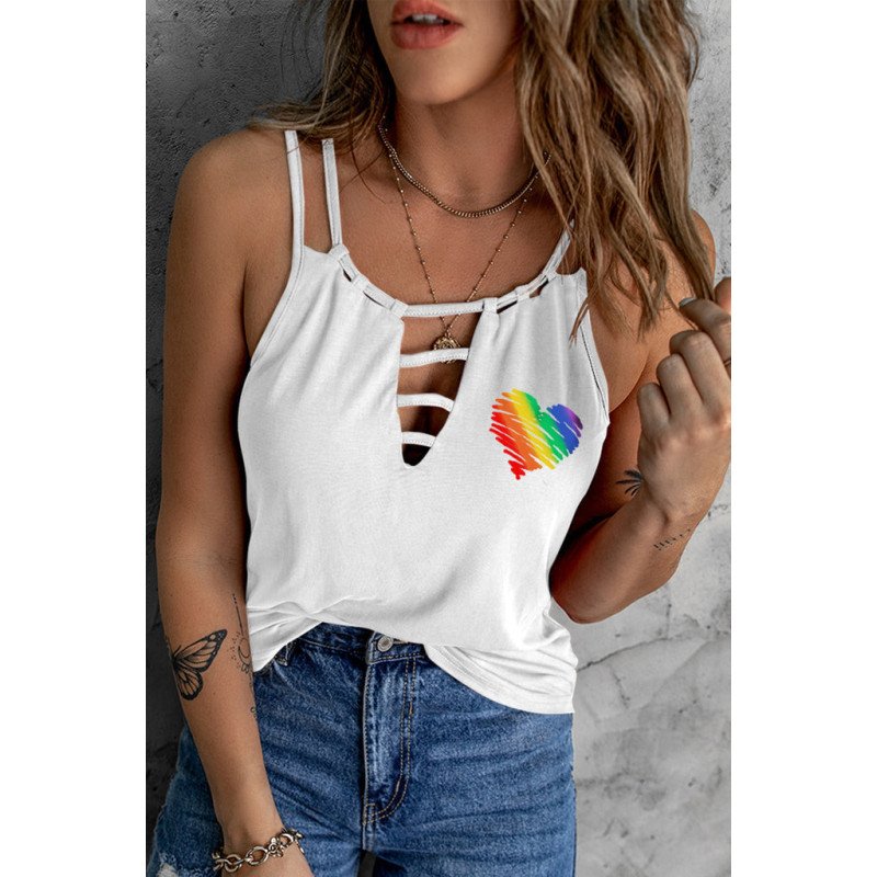 Women's Rainbow Heart Shape Tank Tops Summer Cut Out Sleeveless Tops Shirts