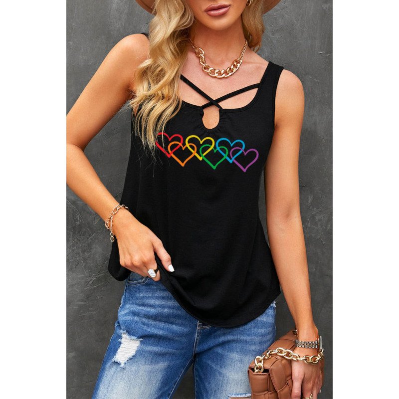 Womens Tank Tops Pride Rainbow Hearts Crossed Strappy Neck Sleeveless Shirts