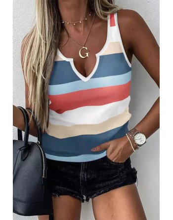Women's Sexy Notched V Neck Tank Top Striped Color Block Casual Blouse