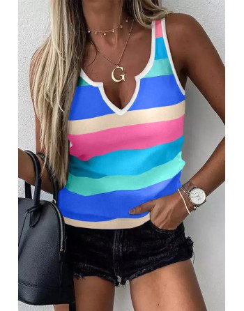 Women's Sexy Notched V Neck Tank Top Striped Color Block Casual Blouse