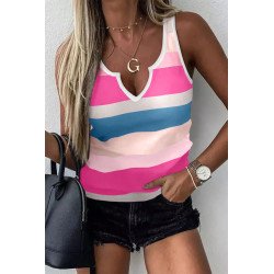 Women's Sexy Notched V Neck Tank Top Striped Color Block Casual Blouse