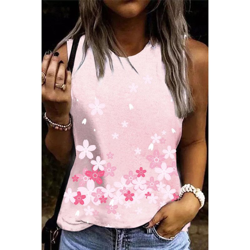 Sakura Floral Print Tank Top Womens Casual Sleeveless T-shirt