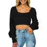 Women's Square Neck Long Sleeve Crop Tops Casual Blouse