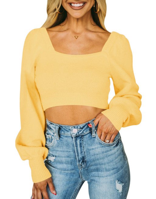 Women's Square Neck Long Sleeve Crop Tops Casual Blouse