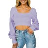 Women's Square Neck Long Sleeve Crop Tops Casual Blouse