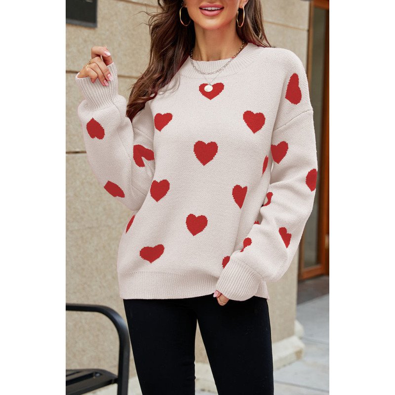 Womens Heart Print Pullover Sweaters Valentine Tops
