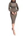 Women's Mock Neck Long Sleeve Frilled Cuffs Ribbed Midi Dress