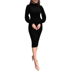 Women's Mock Neck Long Sleeve Frilled Cuffs Ribbed Midi Dress
