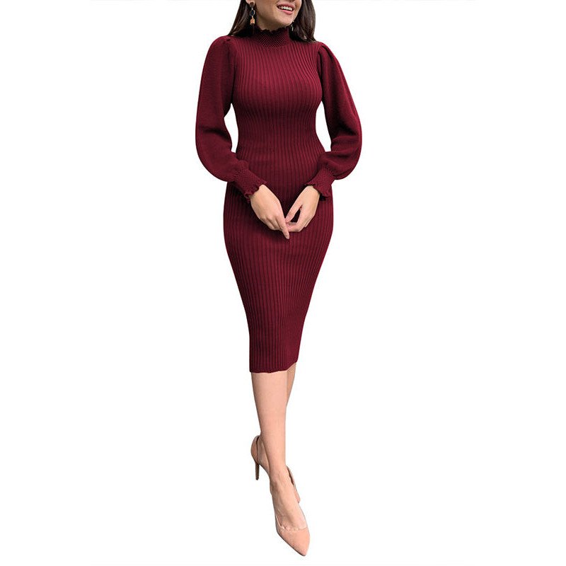 Women's Mock Neck Long Sleeve Frilled Cuffs Ribbed Midi Dress