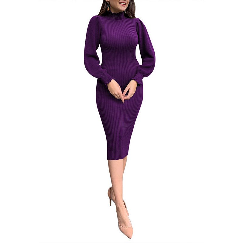 Women's Mock Neck Long Sleeve Frilled Cuffs Ribbed Midi Dress