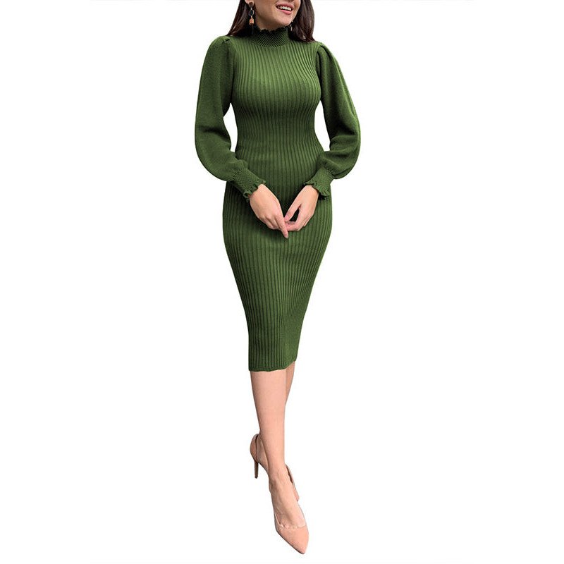Women's Mock Neck Long Sleeve Frilled Cuffs Ribbed Midi Dress
