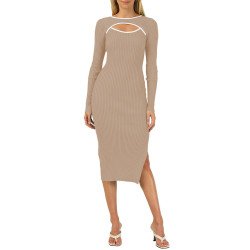 Women's Bodycon Midi Dress Long Sleeve Cut Out Ribbed Knit Party Club Dress