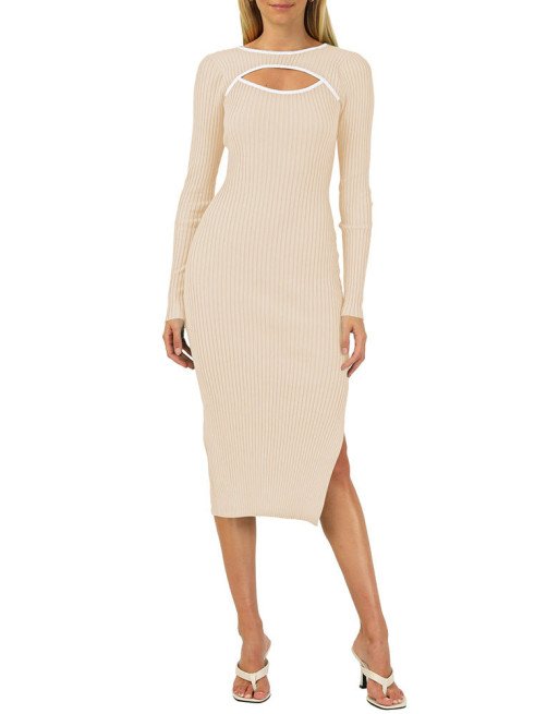 Women's Bodycon Midi Dress Long Sleeve Cut Out Ribbed Knit Party Club Dress