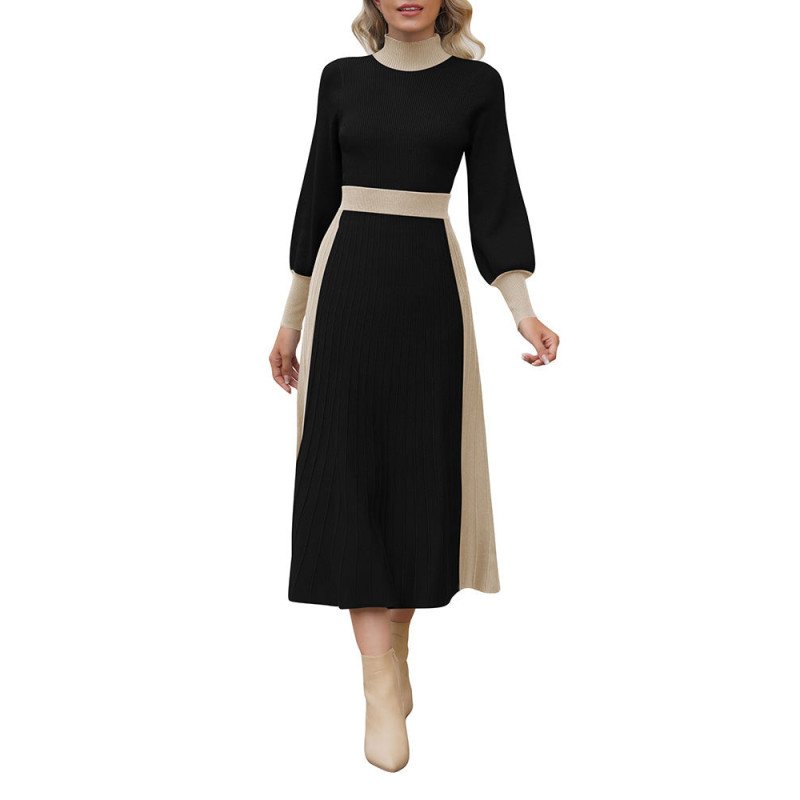 Women's 2 Piece Sweater Dress Mock Neck Puff Sleeve Ribbed Knit Top Maxi Skirt Set