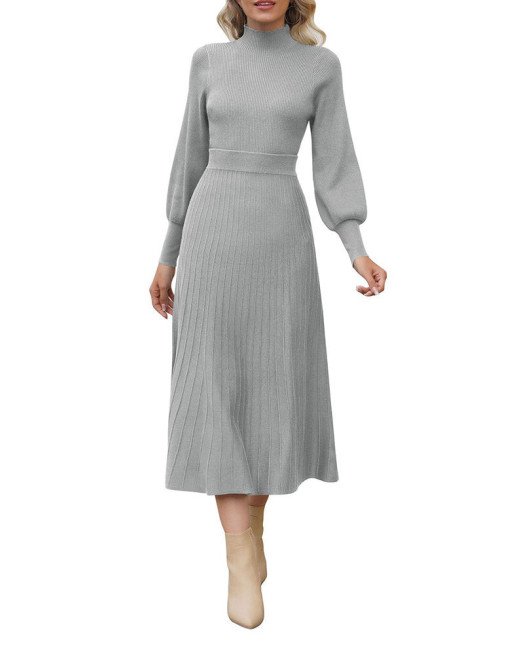 Women's 2 Piece Sweater Dress Mock Neck Puff Sleeve Ribbed Knit Top Maxi Skirt Set