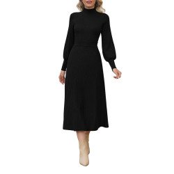 Women's 2 Piece Sweater Dress Mock Neck Puff Sleeve Ribbed Knit Top Maxi Skirt Set