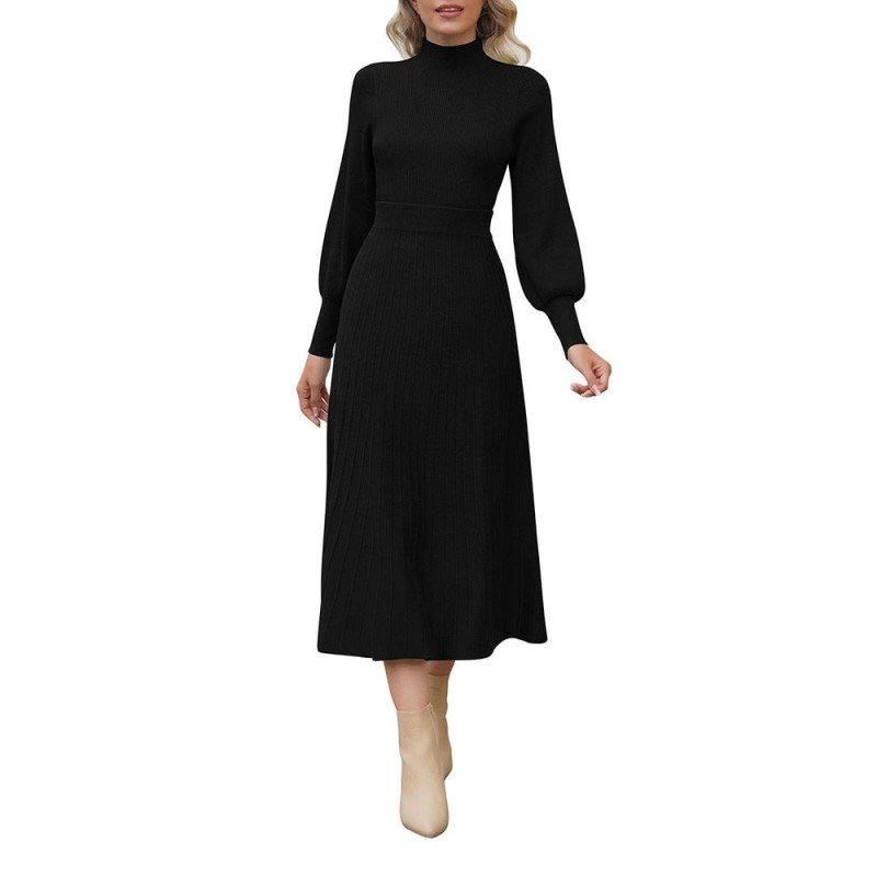 Women's 2 Piece Sweater Dress Mock Neck Puff Sleeve Ribbed Knit Top Maxi Skirt Set
