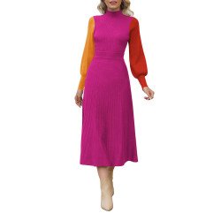 Women's 2 Piece Sweater Dress Mock Neck Puff Sleeve Ribbed Knit Top Maxi Skirt Set