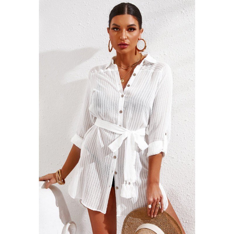 Casual Long Sleeve Striped Shirt Dress Beach Swimsuit Cover Ups with Belt