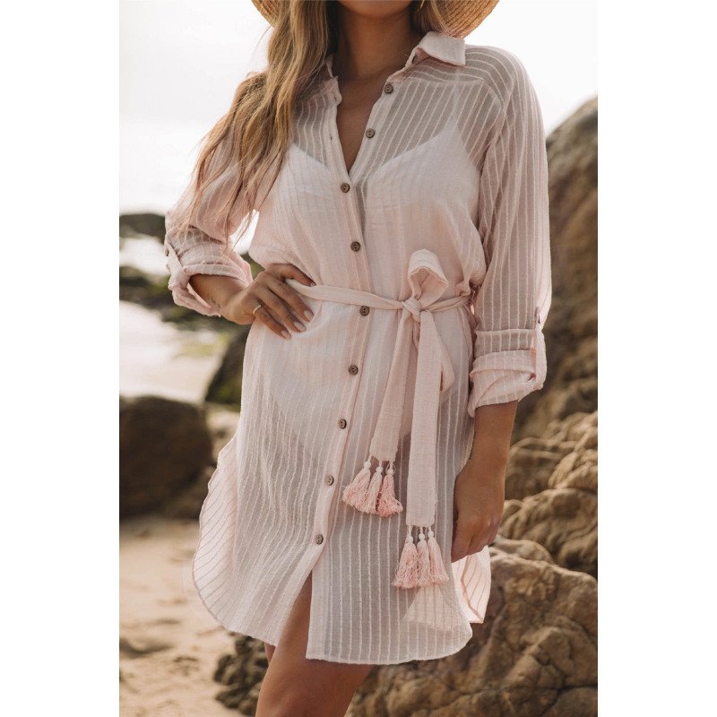 Women Loose Long Sleeve Swimsuit Cover Ups Striped Shirt Dress Kimonos With Belt