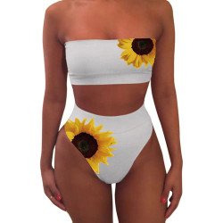 Women's Sunflower Bandeau Top High Cut Bikini Set Two Piece Bathing Suit