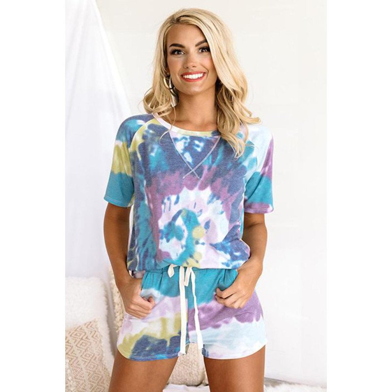 Pajama Set Shorts Womens Tie Dye Print Lounge Set