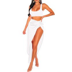 Women's 3 Pieces Crop Top High Waisted Bikini Twist Ruched Swimsuit Cover Up Skirt Set