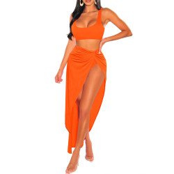 Women's 3 Pieces Crop Top High Waisted Bikini Twist Ruched Swimsuit Cover Up Skirt Set