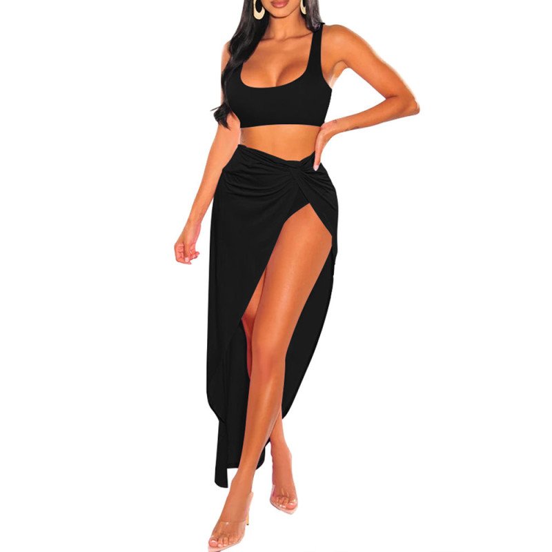 Women's 3 Pieces Crop Top High Waisted Bikini Twist Ruched Swimsuit Cover Up Skirt Set