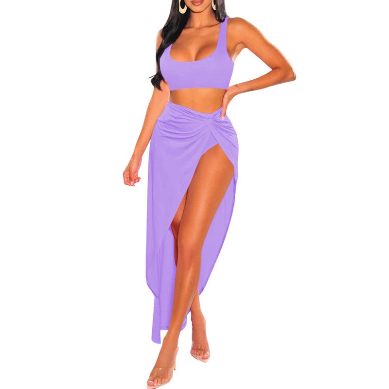 Women's 3 Pieces Crop Top High Waisted Bikini Twist Ruched Swimsuit Cover Up Skirt Set