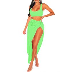 Women's 3 Pieces Crop Top High Waisted Bikini Twist Ruched Swimsuit Cover Up Skirt Set