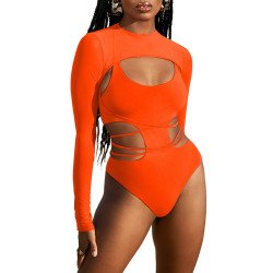 Women's Sexy Swimsuit Cut Out Lace Up One-Piece Swimsuit with Long Sleeve Pullover