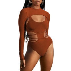 Women's Sexy Swimsuit Cut Out Lace Up One-Piece Swimsuit with Long Sleeve Pullover