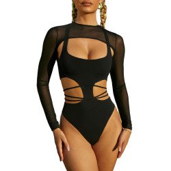 Women's Sexy Swimsuit Cut Out Lace Up One-Piece Swimsuit with Long Sleeve Pullover