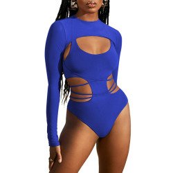 Women's Sexy Swimsuit Cut Out Lace Up One-Piece Swimsuit with Long Sleeve Pullover