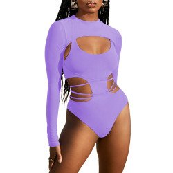 Women's Sexy Swimsuit Cut Out Lace Up One-Piece Swimsuit with Long Sleeve Pullover