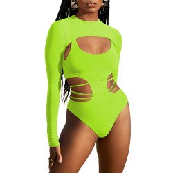 Women's Sexy Swimsuit Cut Out Lace Up One-Piece Swimsuit with Long Sleeve Pullover
