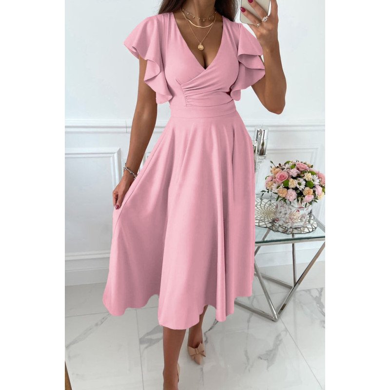 Womens V Neck Ruffle Sleeve Wrap Dress Midi Dress Cocktail Party Dress